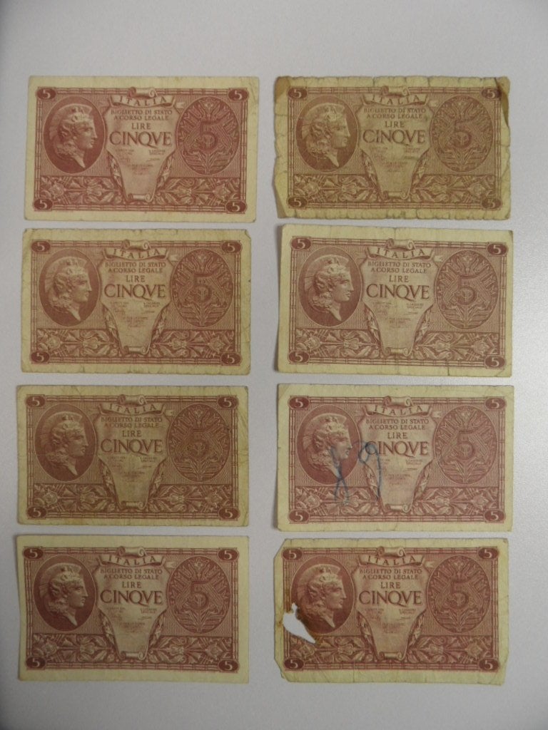 Italiaanse 5 Lire Biljetten 1944. 8 X, Ophalen of Verzenden, Italië, Los biljet