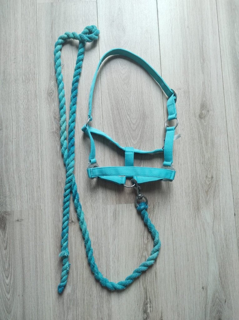 Halster turquoise met touw maat pony, Gebruikt, Groen, Halster, Ophalen of Verzenden