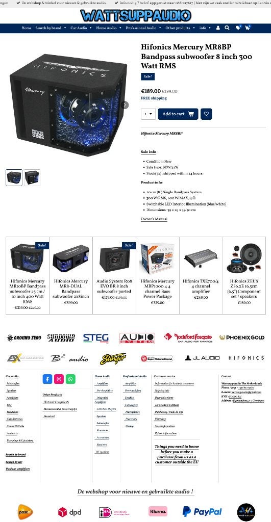 Hifonics Mercury MR8BP Bandpass subwoofer 8 inch / LED, Auto diversen, Autospeakers, Audio Design, Nieuw, Am Breilingsweg 3, 76709 Kronau, Duitsland