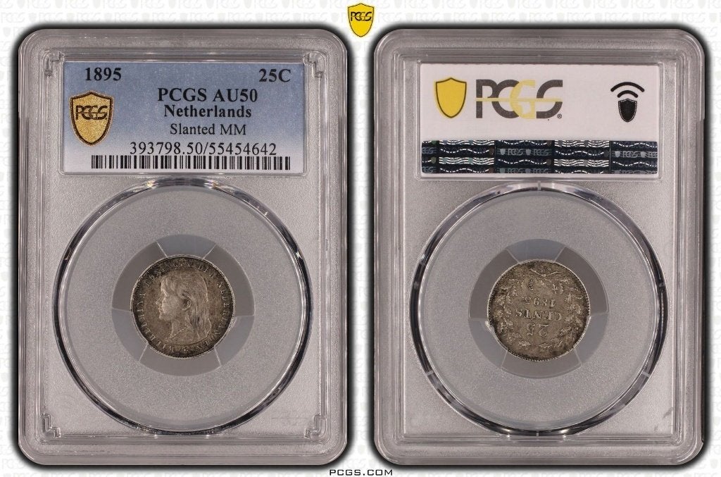 Nederland - 25 Cent 1895 'MMT schuin' in PCGS slab AU50, Postzegels en Munten, Munten | Nederland, Zilver, 25 cent, Ophalen of Verzenden