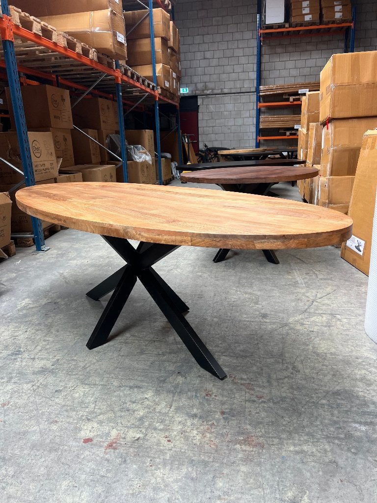Ovale eettafel 240x100cm mango incl. spinpoot, Ophalen, 100 tot 150 cm, Vijf personen of meer, Ovaal