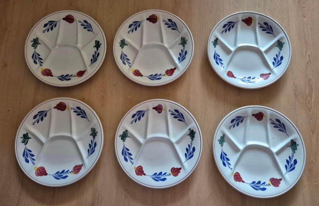 6 Boerenbont gourmet/fondue borden, Ophalen, Zo goed als nieuw, Bord(en), Aardewerk
