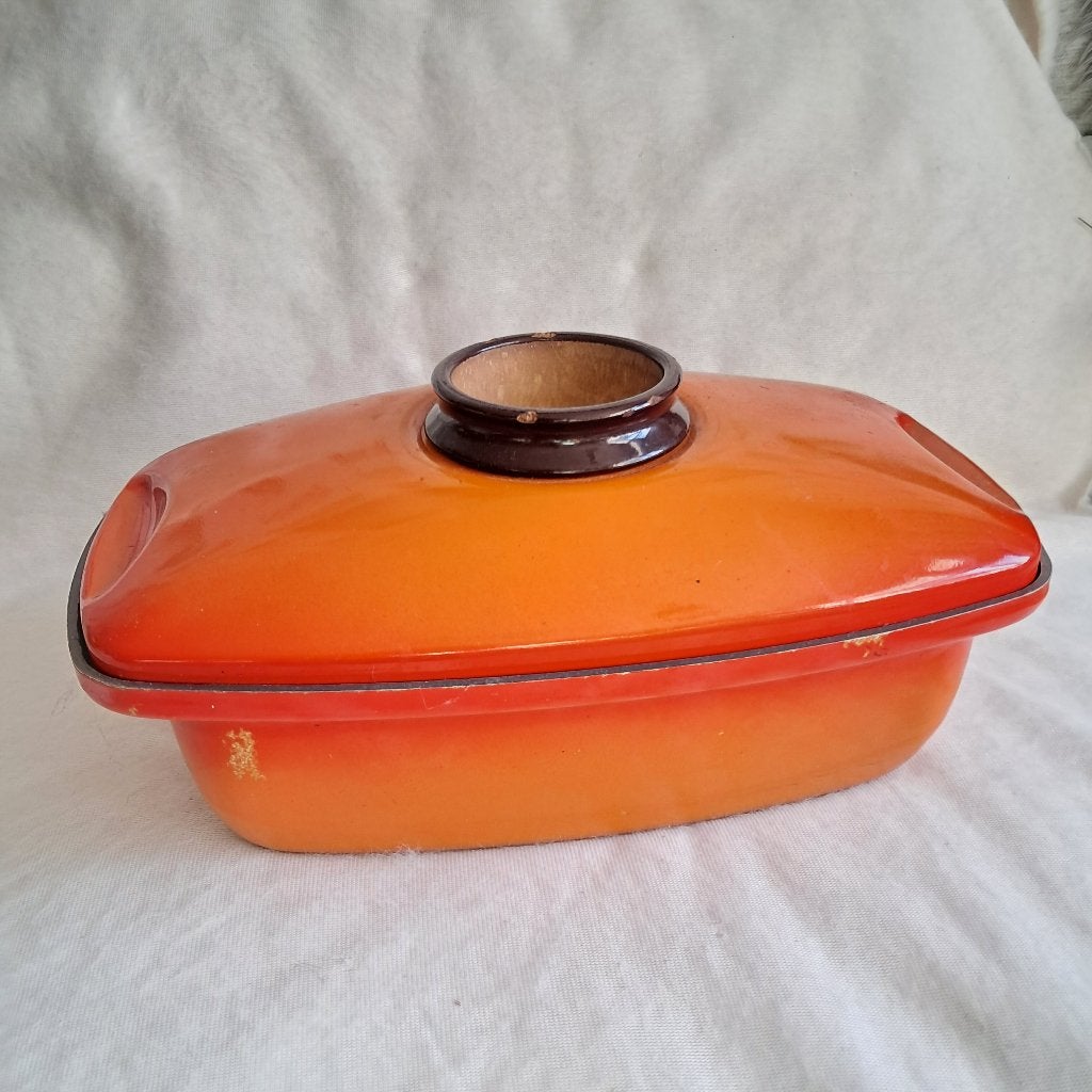 Retro oranje braadpan Römertopf met druppelknop mandje 0410, Gebruikt, -, Ophalen of Verzenden, -