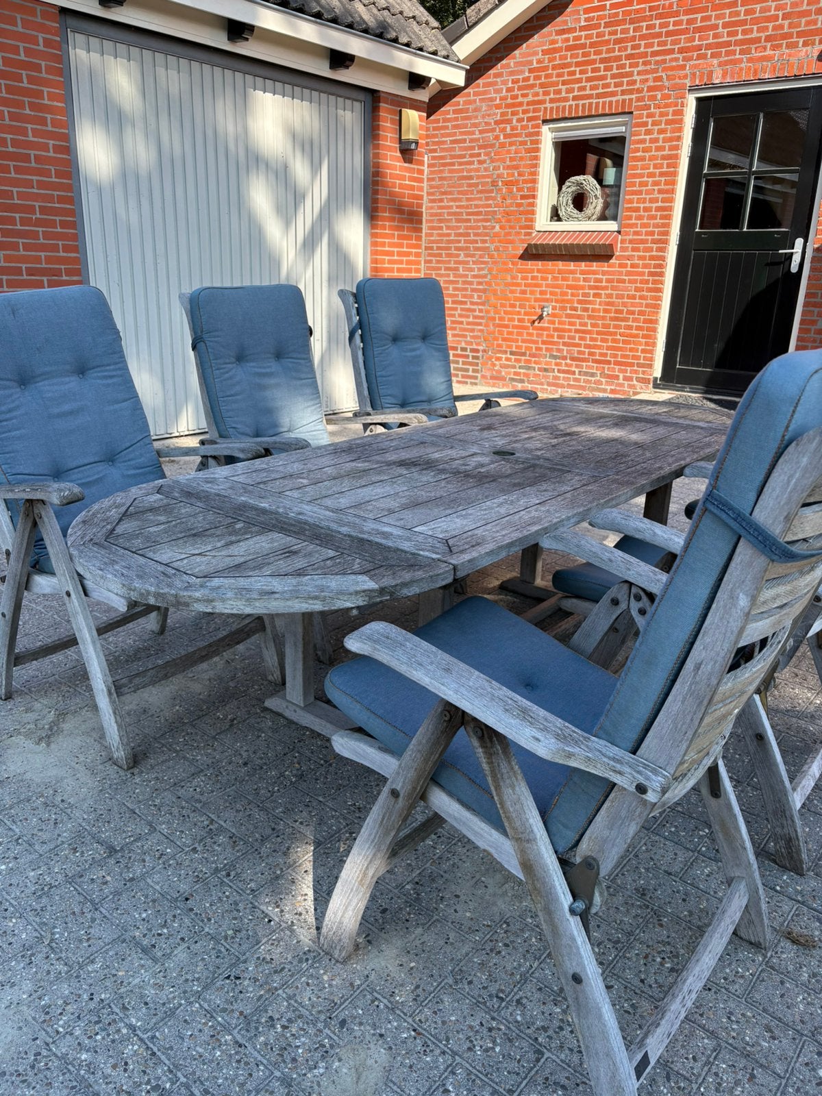 Mooie teakhouten tuinset met 6 stoelen incl kussens, Ophalen, Gebruikt, 6 zitplaatsen, Teakhout
