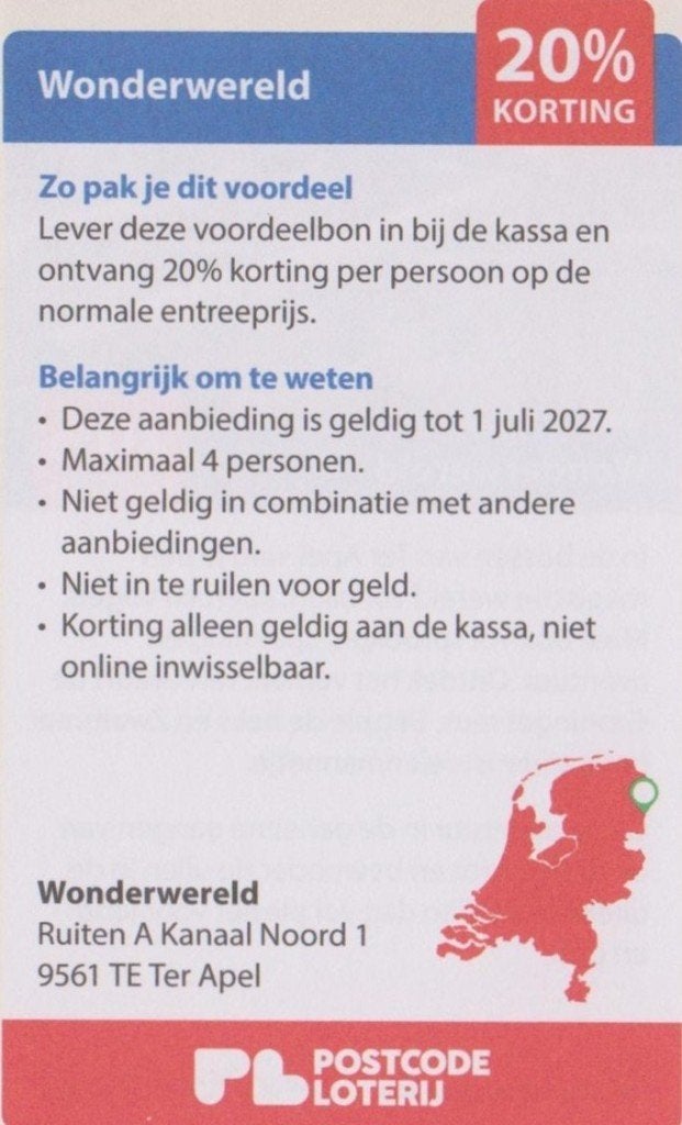 Wonderwereld. Ter Apel. 20% korting. Postcodeloterij bon.., Drie personen of meer, Kortingskaart