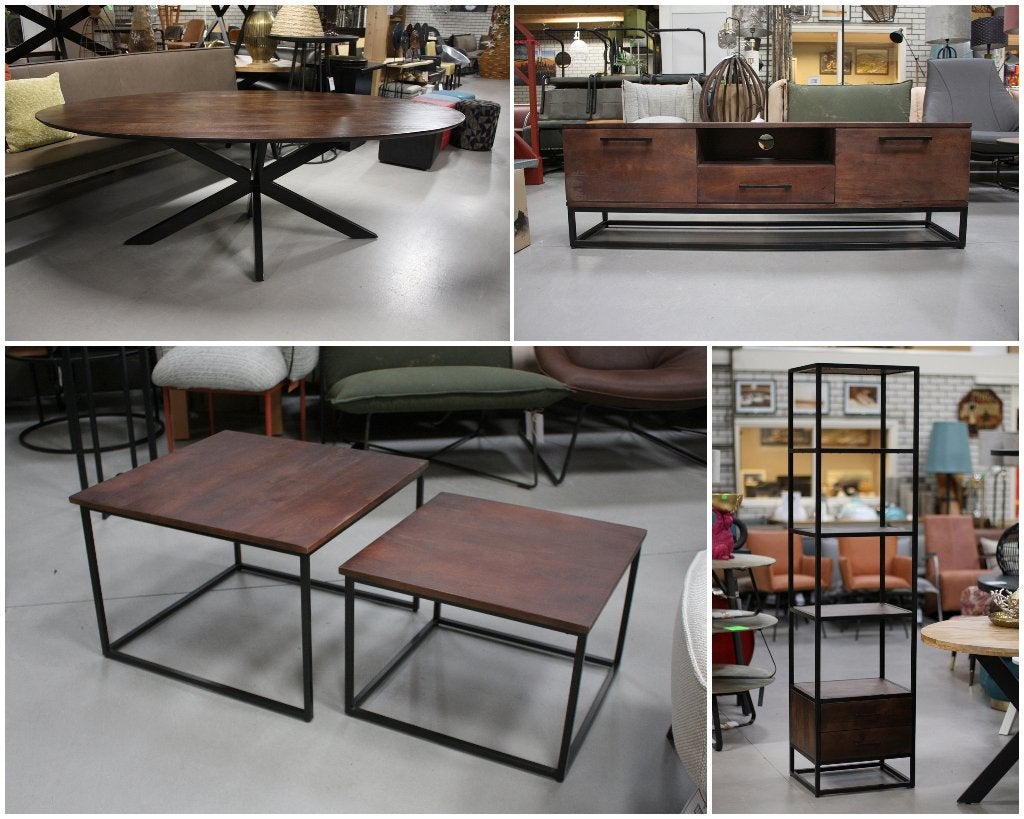 Eettafel + salontafel + tv-meubel + kast hout donkerbruin, Ophalen, Nieuw