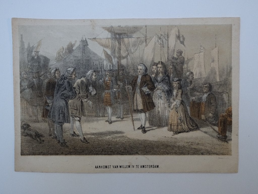 Kleuren litho Prins Willem IV in Amsterdam 1748, Amand, Ophalen of Verzenden, Origineel