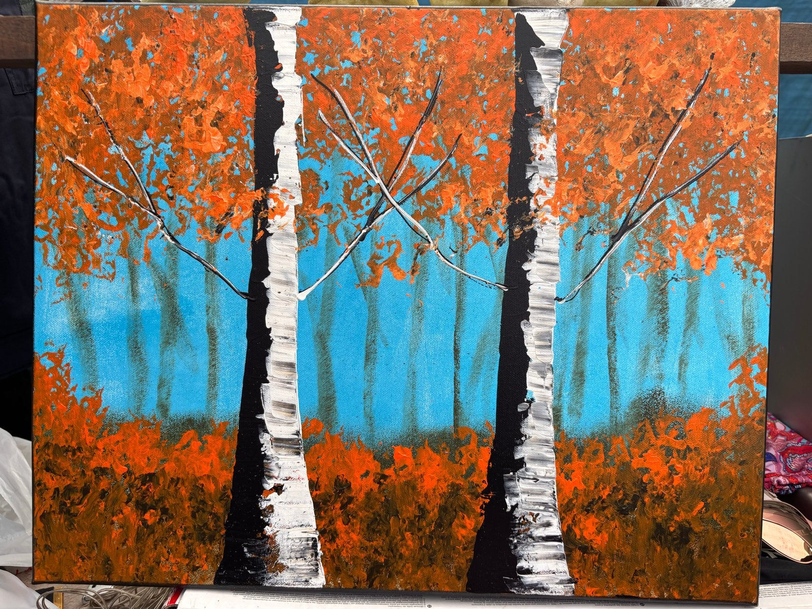 Herfstbos met berkenbomen - Acryl op doek, Antiek en Kunst, Acrylverf, Doek, Realistisch, Ophalen of Verzenden