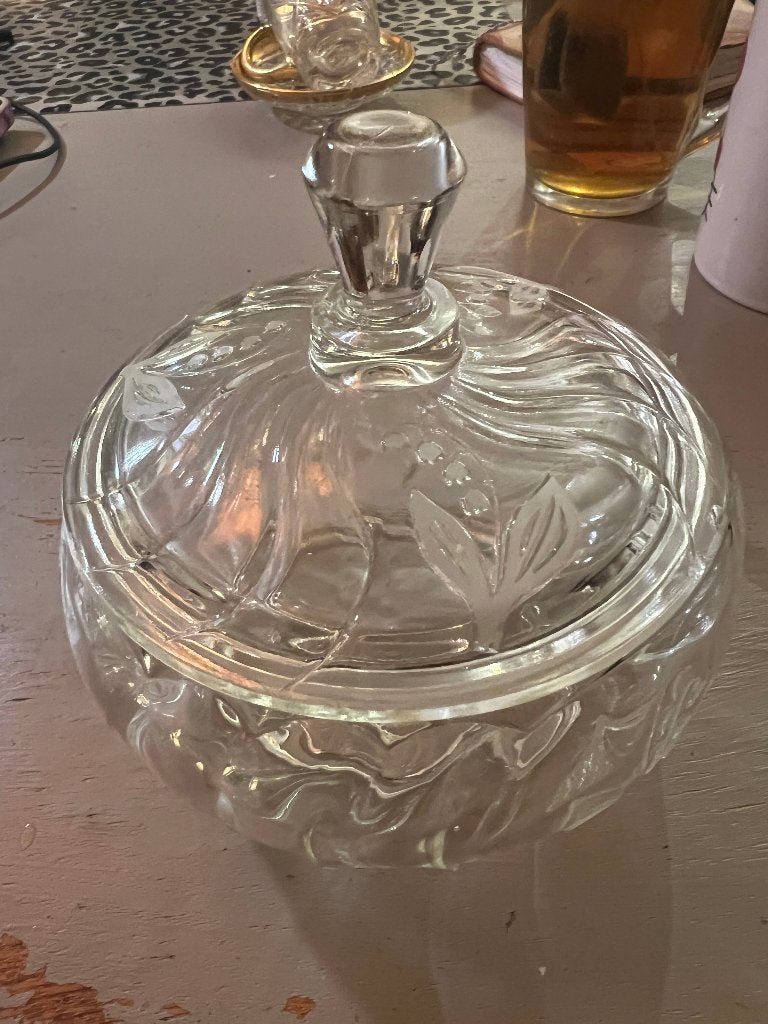 Vintage antiek gegraveerde glazen bonbonschaaltje schaaltje, Ophalen of Verzenden