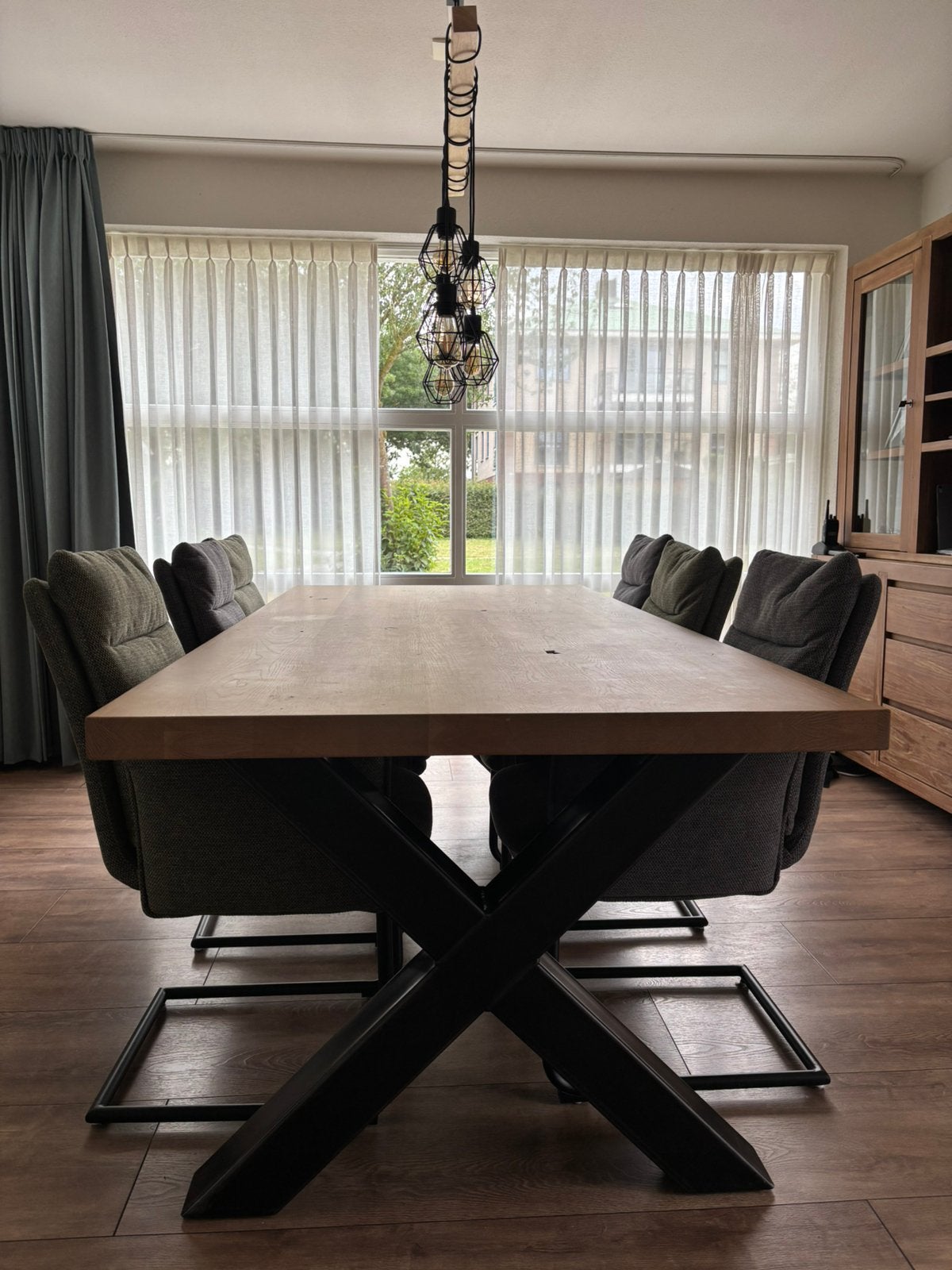 Massief rustiek eiken eettafel, Ophalen, 100 tot 150 cm, 200 cm of meer, Zo goed als nieuw