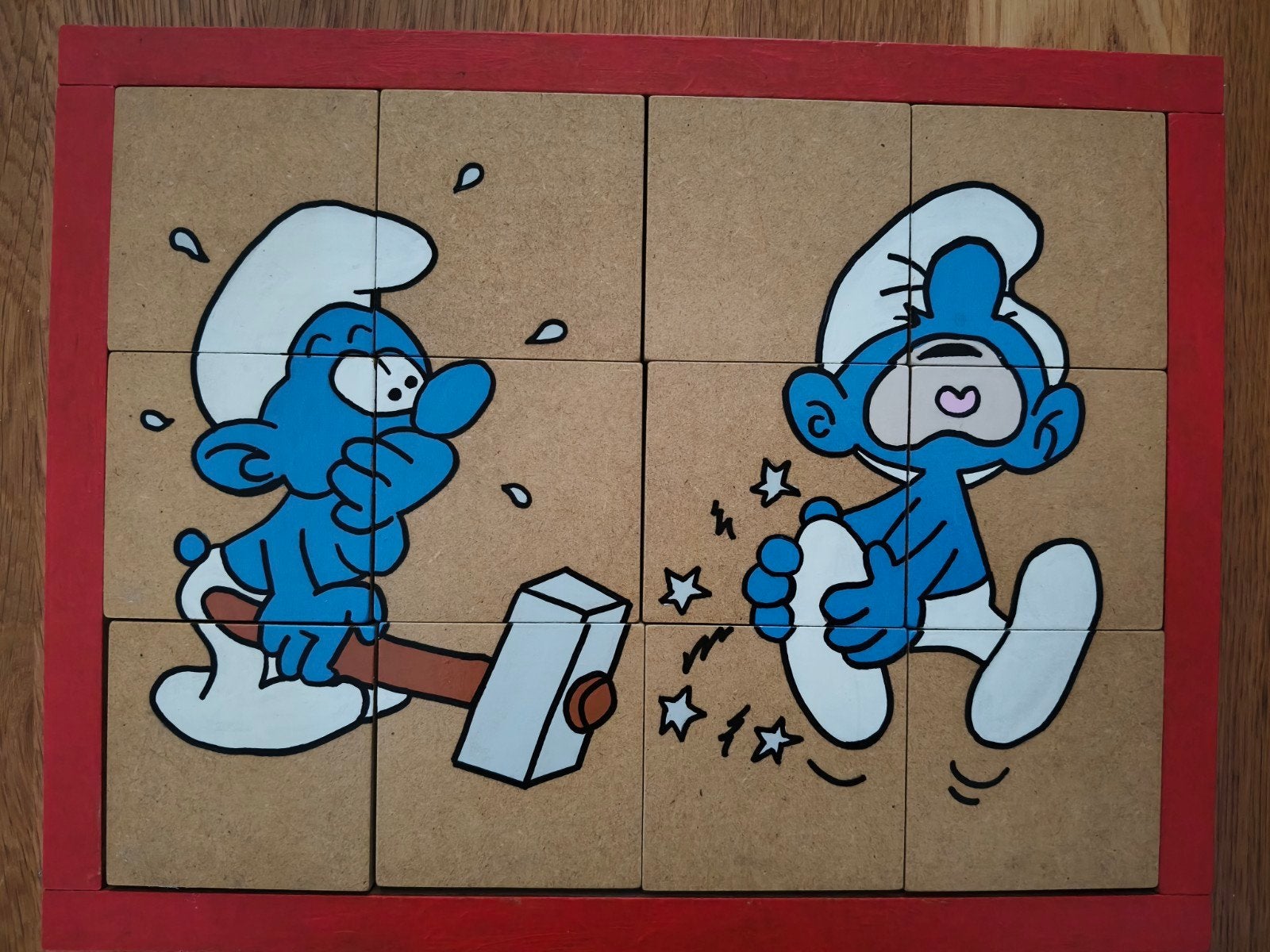 Vintage, zware  houten Smurfen puzzel, Verzamelen, Smurfen, Ophalen, Gebruikt, Verschillende Smurfen, Gebruiksvoorwerp