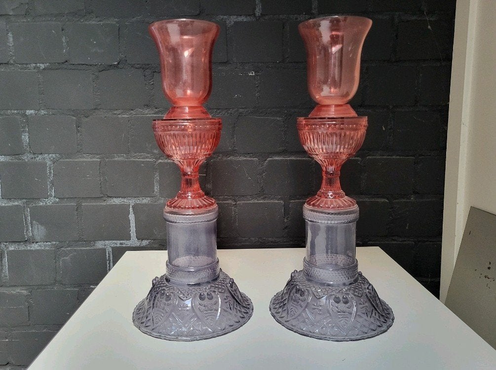 Unieke glazen kandelaars set - roze en paars (grijs?), Ophalen