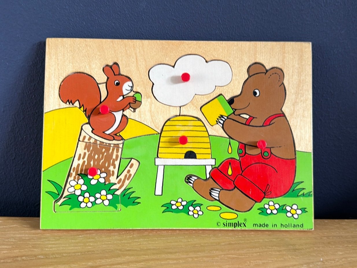 Simplex puzzel honing beer eekhoorn hout made in Holland, Ophalen of Verzenden, Zo goed als nieuw, Van hout, Minder dan 10 stukjes