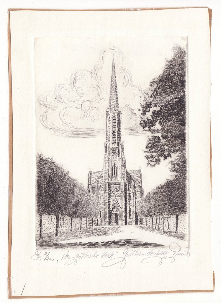 Geertruidenberg ets neo-gotische kerk door P Joosen ?, Verzenden, Architectuur, Ets, 1950 - 1999