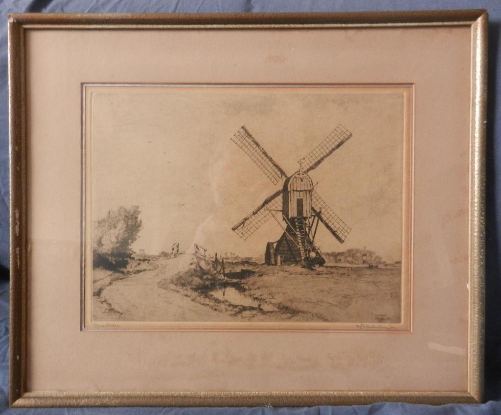 Fraaie ets Wipmolen aan Maredijkje Leiden 1927 HE Roodenburg, Ets, Met monogram, Ophalen of Verzenden, 32 cm