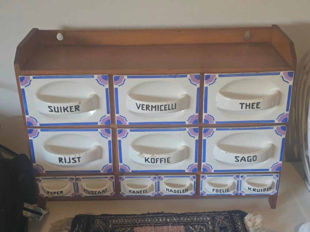 Vintage kruidenkastje met porseleinen lades, Ophalen of Verzenden
