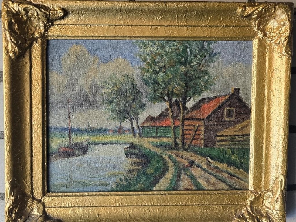 Oud Hollands Landschap Schilderij in Gouden Lijst, Ophalen, Doek, Oud hollands, Origineel werk
