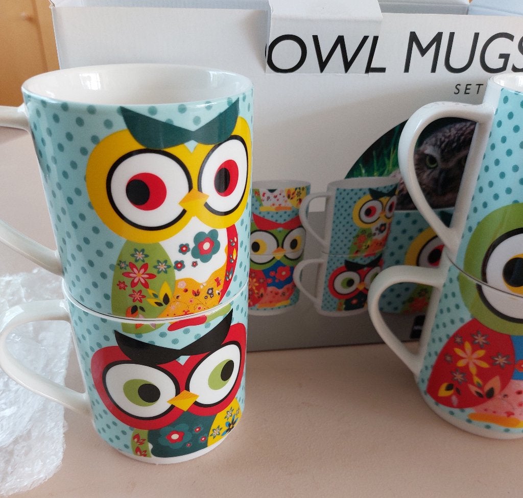 Engelse Owl Mugs, vier uil-mokken van Invotis, nieuw in doos, Ophalen, Overige merken, Nieuw, Overige stijlen
