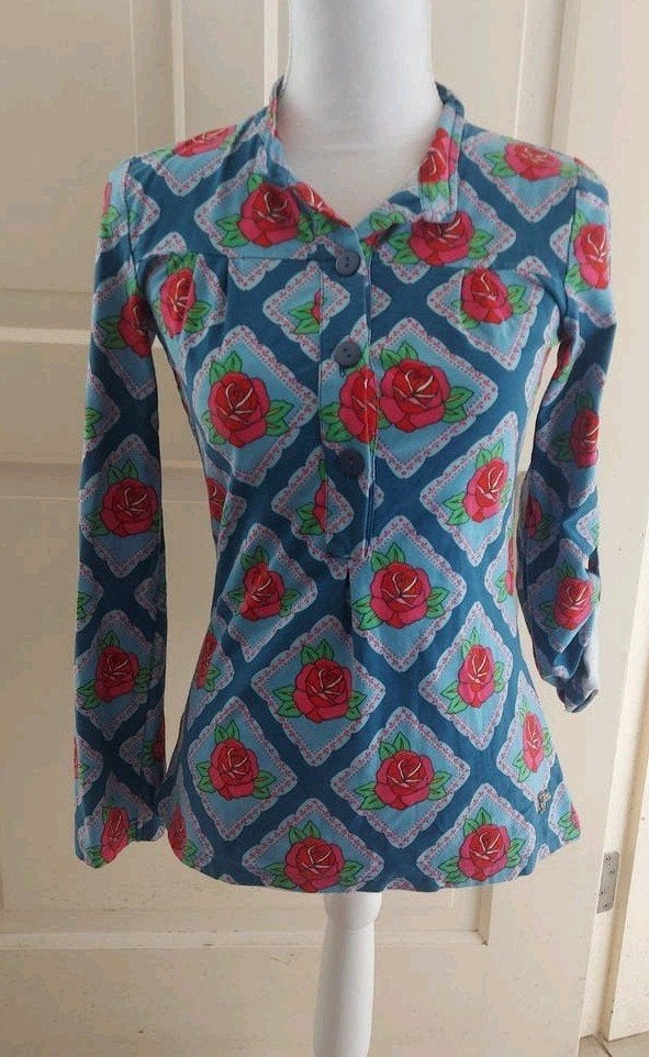 Tante Betsy Blouse met rozenprint - Maat S, Tante Betsy, Blauw, Ophalen of Verzenden, Zo goed als nieuw