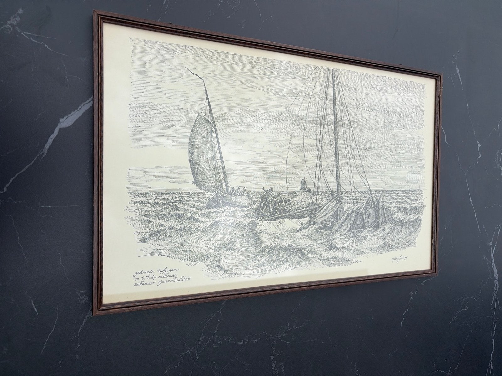 Set van 6 ingelijste pentekeningen van Hollandse schepen, Ophalen of Verzenden, Tekening, Pentekening, Achter glas