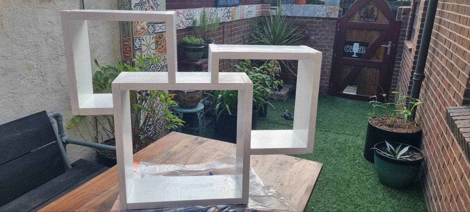 Uniek wit steigerhouten wandrek, Ophalen