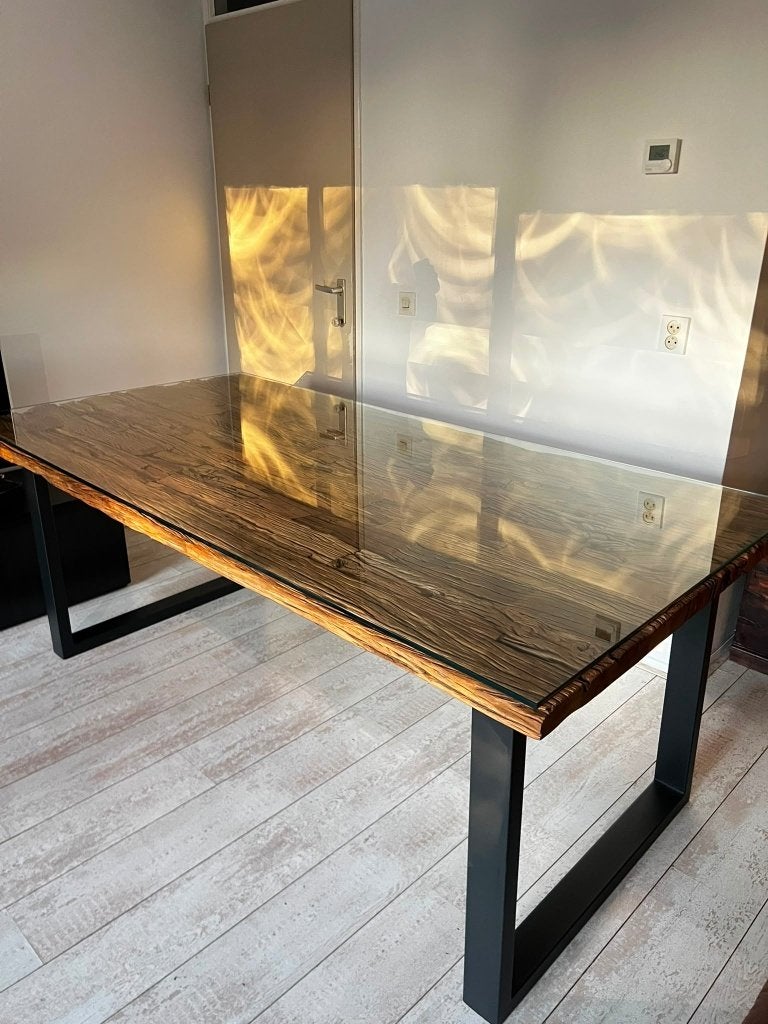 Mooie eettafel, bielzen met glasplaat 2 meter, incl stoelen, Glas, 200 cm of meer, Zo goed als nieuw, Vijf personen of meer
