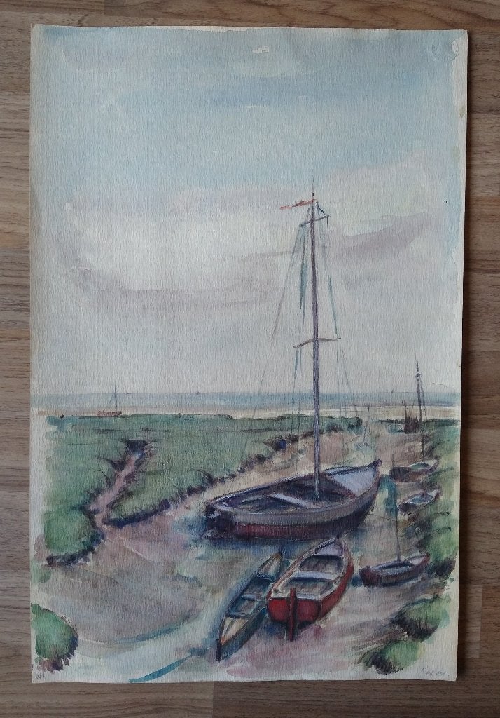 Wim Hagemans aquarel Terschelling De Keag - P Scheen, Ophalen of Verzenden, Schilderij, Aquarel, Handgemaakt