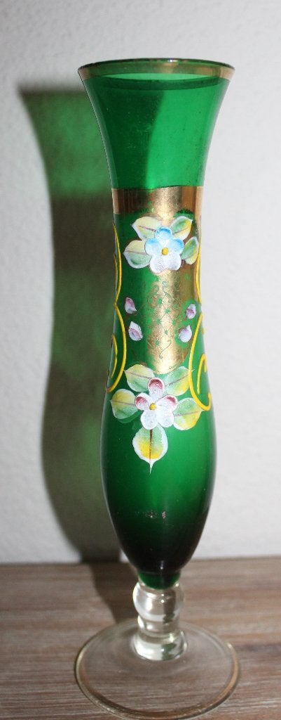 SALE antiek glazen vaasje handbeschilderd emaille decoratie, Antiek en Kunst, Ophalen of Verzenden