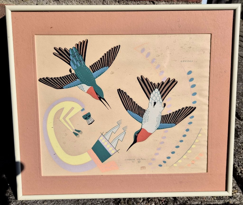 Gerald Nailor Twee hummingbirds, Navaho Indian art 1951, Zeefdruk, Met certificaat van echtheid, Ophalen of Verzenden, Dieren en Natuur