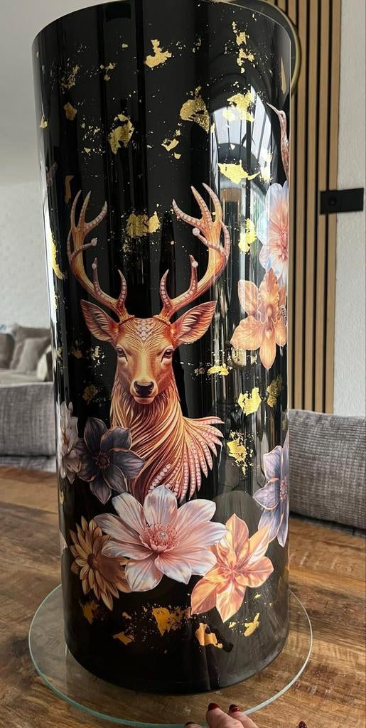 Zwarte vaas met hert en bloemen, Ophalen, 50 tot 75 cm, Zwart, Nieuw