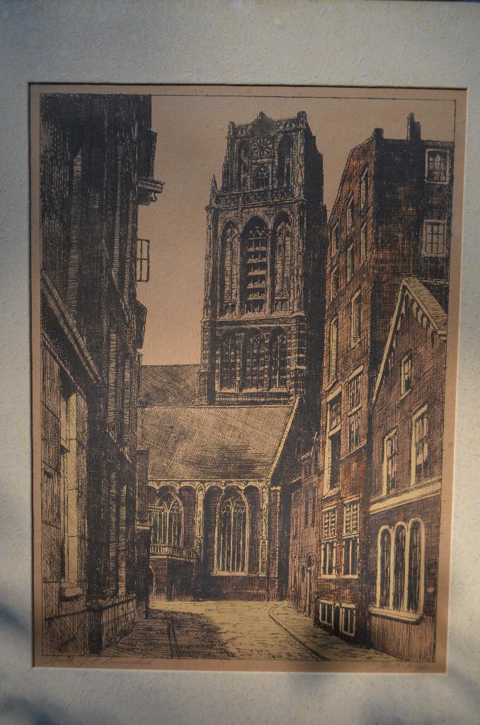 Ets Laurenskerk Rotterdam gesig. Jac. van Schip (?), Ingelijst, Stadsgezicht, 67 cm, Ophalen of Verzenden