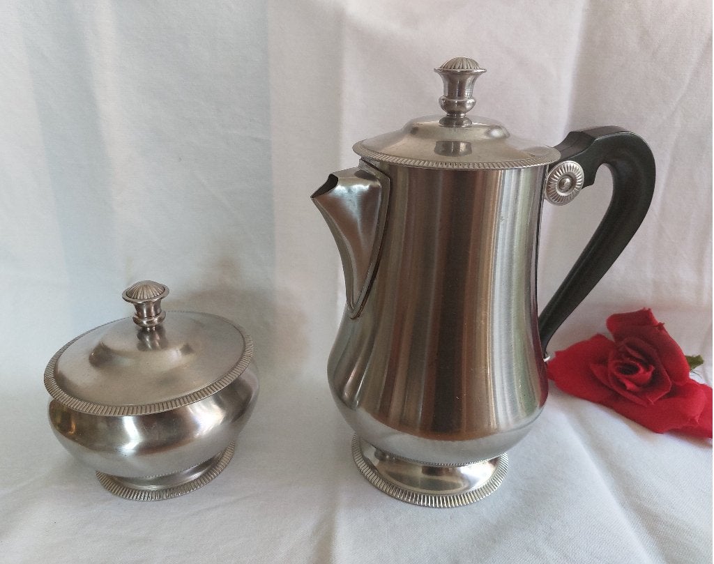 Letang Remy 18/10 inox France vintage theepot + suikerpot, Ophalen of Verzenden