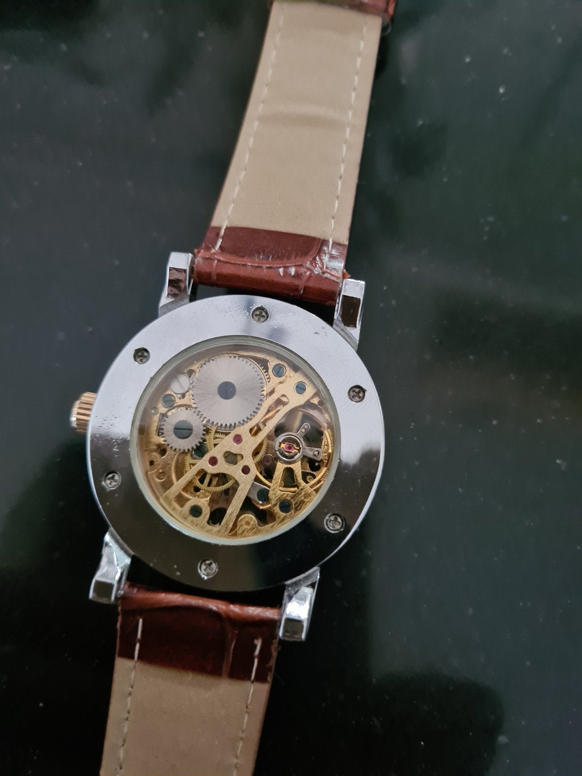 Skelet Horloge met Bruine Leren Band, Ophalen of Verzenden