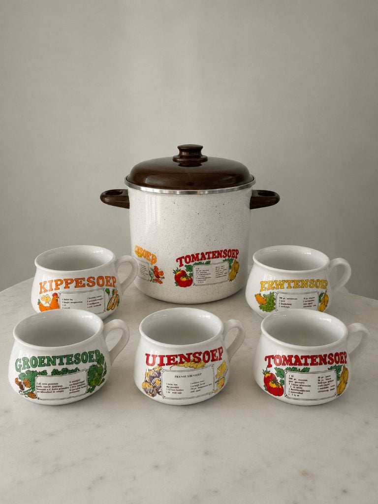 Vintage soepterrine met 5 soepkommen receptenset, Gebruikt, Ophalen of Verzenden, Kom(men), Overige stijlen