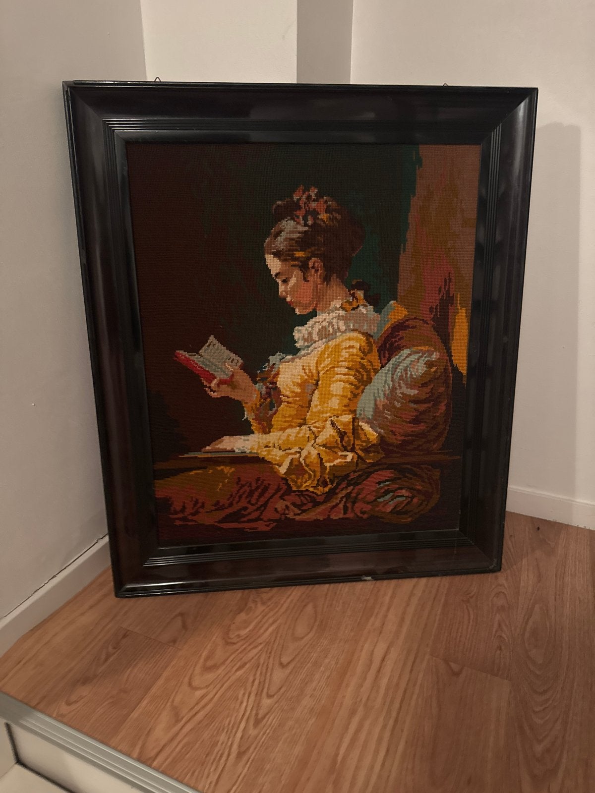 Vintage Gobelin Schilderij - Lezende Vrouw, Ophalen, Doek, Portret of Personen, Overige technieken