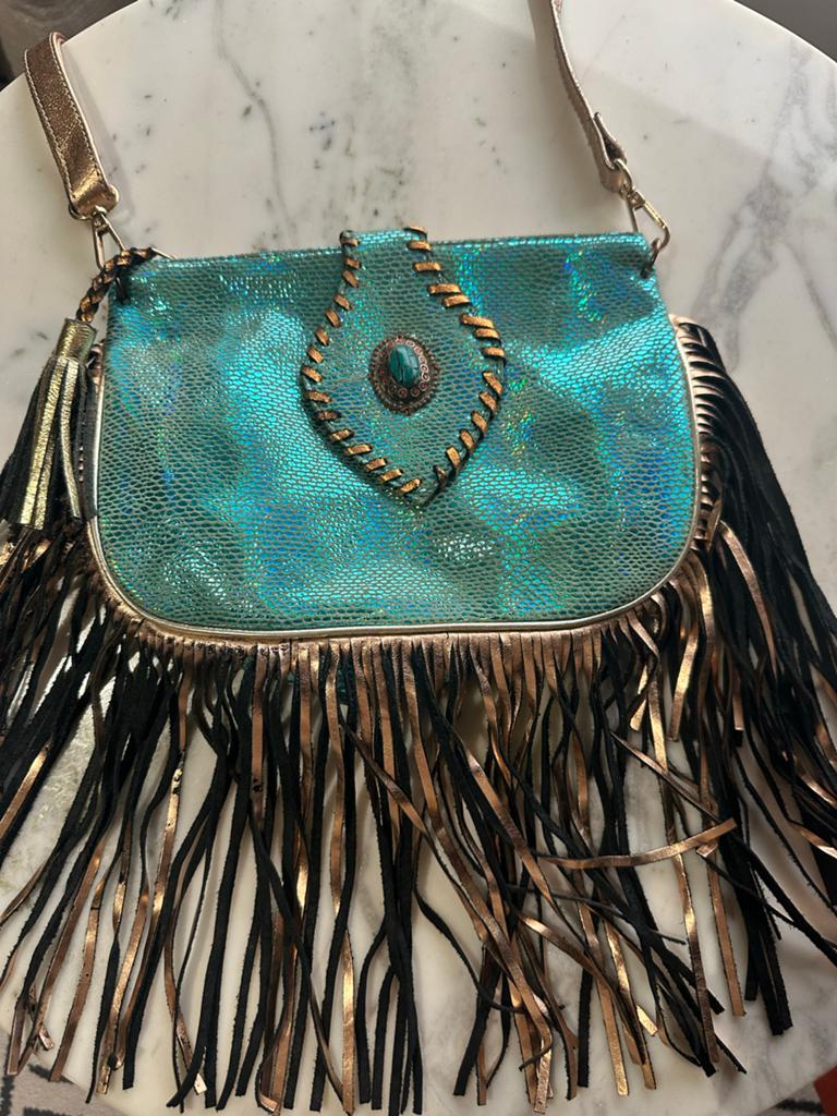 Boho Chique Franje Tas Turquoise Goud - Avond/Festival, Ophalen of Verzenden, Nieuw, Blauw, Avondtasje
