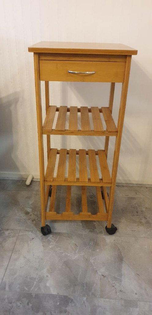 Houten trolley met lade en planken, Ophalen, Zo goed als nieuw, Minder dan 5 flessen, Minder dan 50 cm