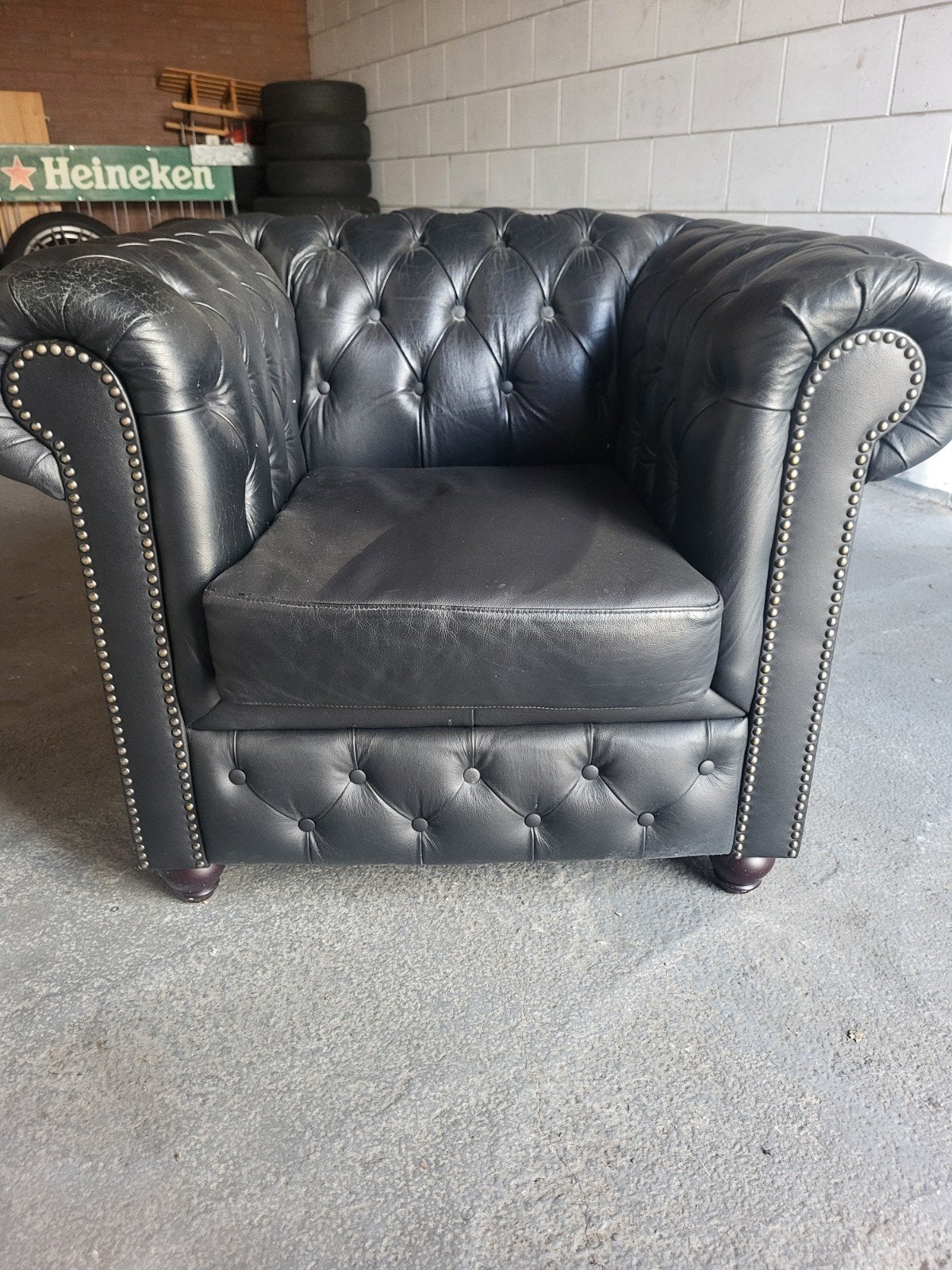 Mooie nette Chesterfield stoel - Donkerblauw/Zwart, Gebruikt, Chesterfield, Ophalen of Verzenden, 75 tot 100 cm