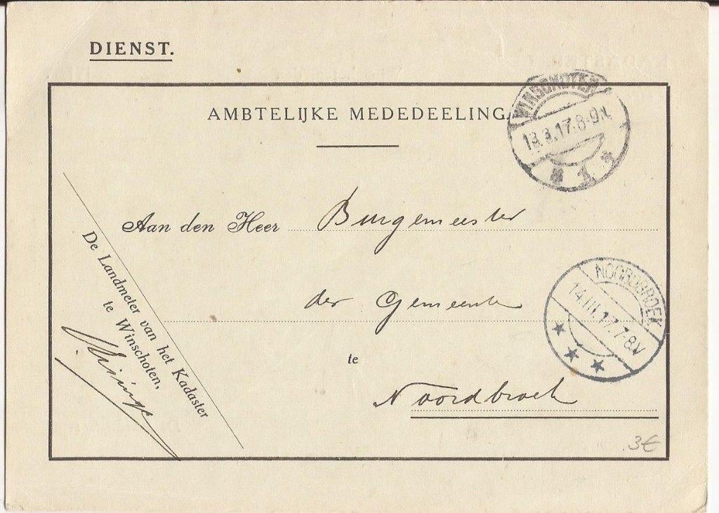 WINSCHOTEN 1917 kadasterbriefkaart naar Burgem. NOORDBROEK, Ophalen of Verzenden, Voor 1920, Gelopen, Groningen