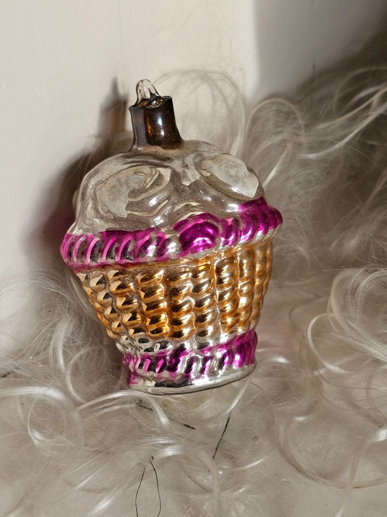Oude Antieke AJEKO kerstbal / bloemenmandje pink blauw . 4, Diversen, Kerst, Ophalen of Verzenden