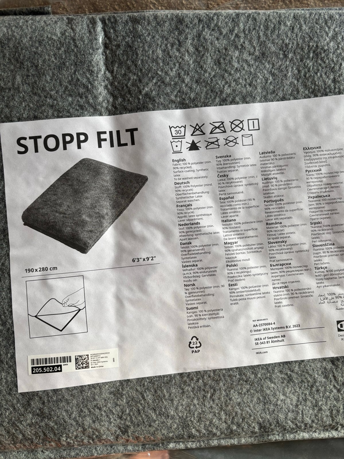 IKEA Stopp Filt ondertapijt met antislip 190x280 nieuw, Ophalen, 150 tot 200 cm, Grijs, Rechthoekig