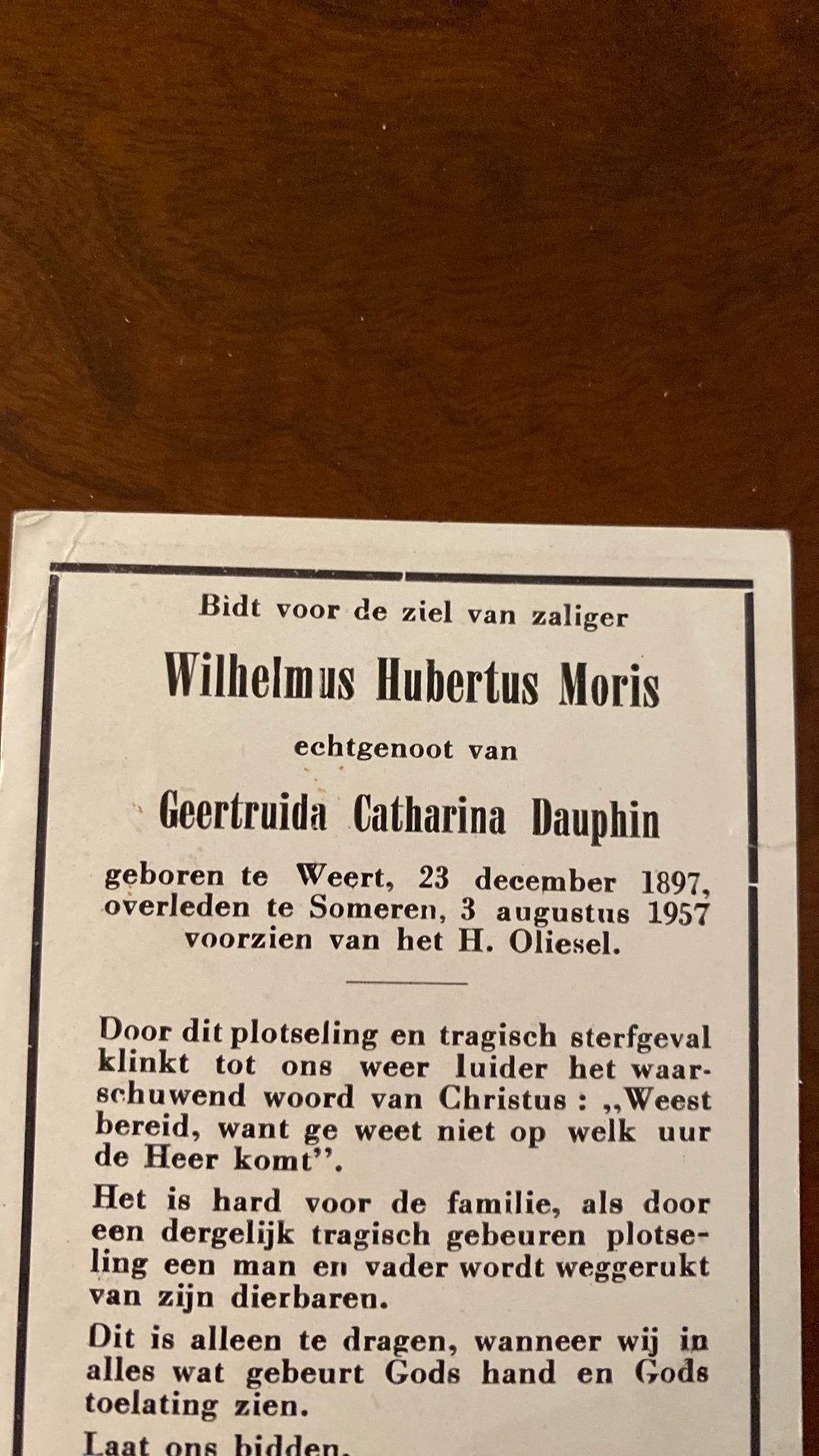 WH Moris x Dauphin 1897 Weert 1957 Someren, Verzamelen, Bidprentjes en Rouwkaarten, Ophalen of Verzenden