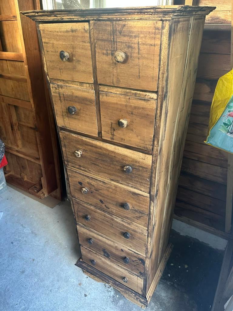 Vintage houten ladekast met 9 lades, Ophalen, Gebruikt