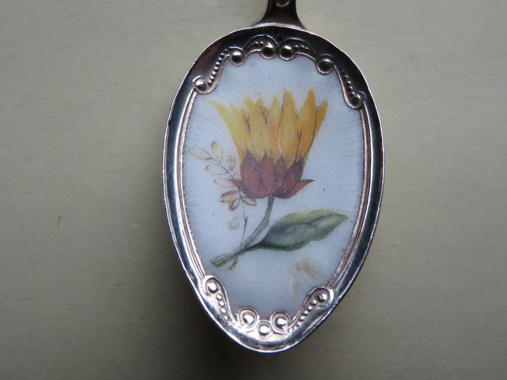 Verzilverd lepeltje met strobloem /bloem in lepelbak emaille, Verzenden