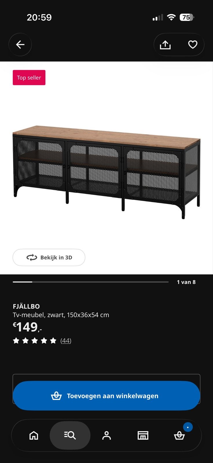 Fjällbo TV-meubel, zwart, 150x36x54 cm, Ophalen, Gebruikt, 100 tot 150 cm, 25 tot 50 cm