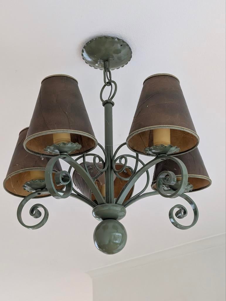 Vintage kroonluchter metaal groen, Tuin en Terras, Ophalen of Verzenden, Gebruikt