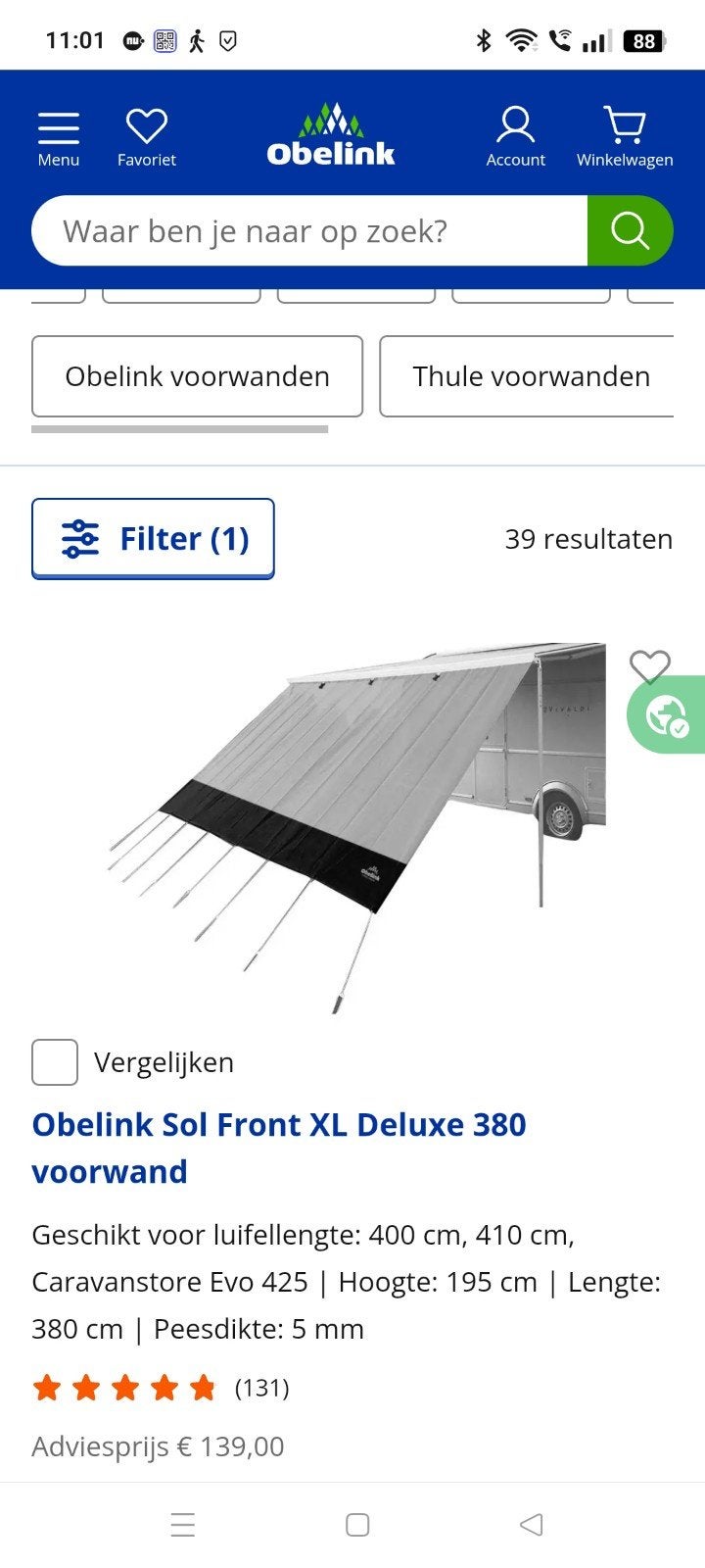 Sun blocker voor aan luifel van 400 cm, Ophalen