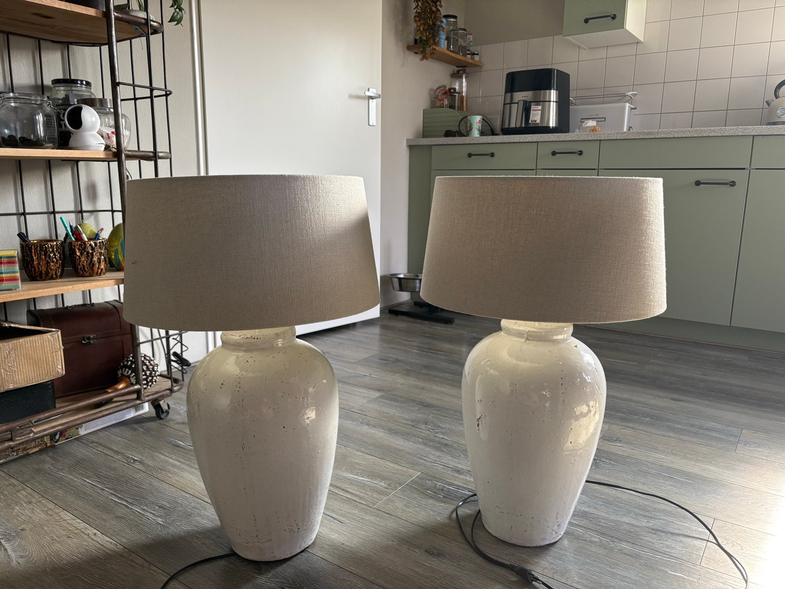 Set van 2 landelijke tafellampen met linnen kap, Gebruikt, Keramiek, Schemerlamp, Landelijk