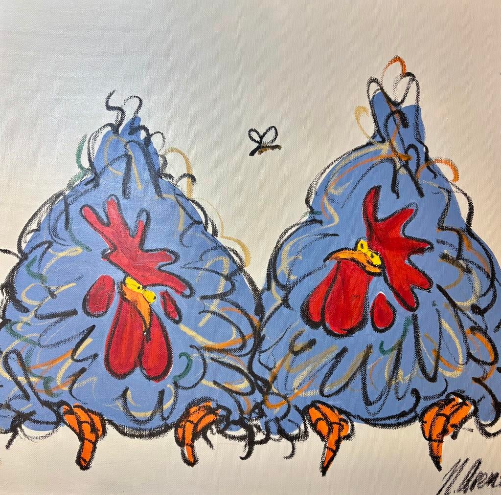 Schilderij Nicolette Arens – Twee kippen, 50x50 cm, Ophalen of Verzenden