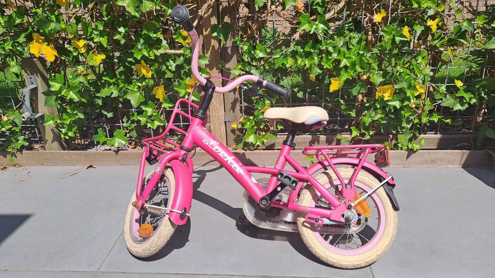 Roze Loekie kinderfiets met zijwielen 12,5 inch, Ophalen